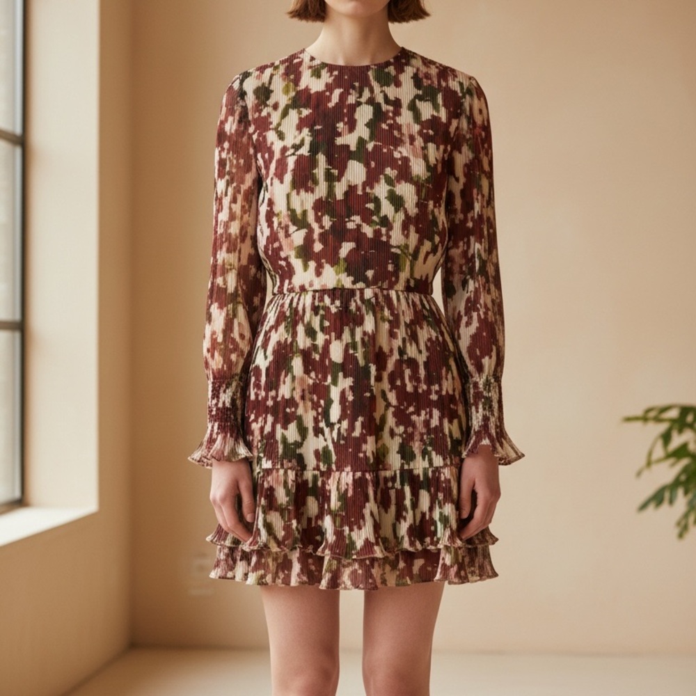 BCBGMAXAZRIA Abstract Floral Pleated Mini Dress Long Sleeve Size 10